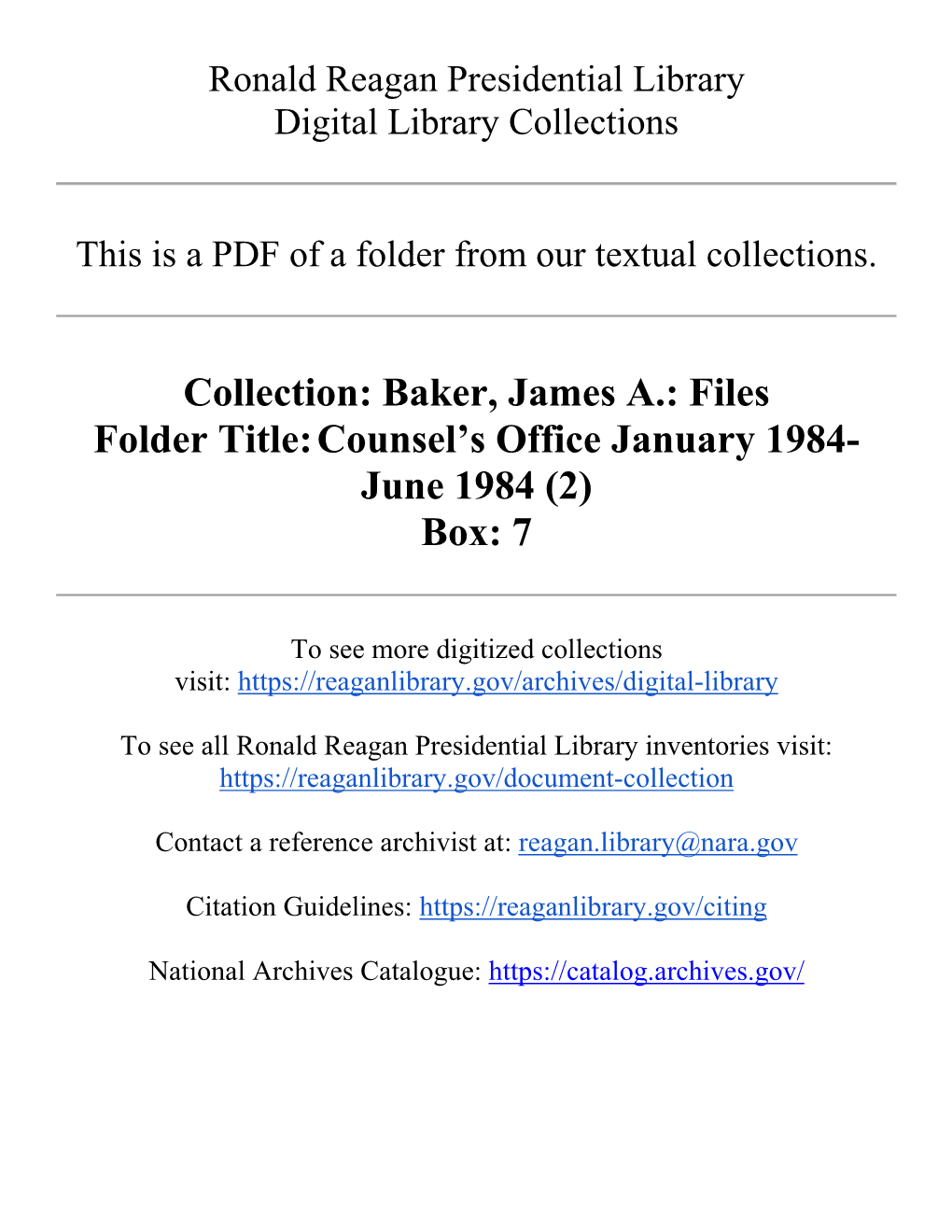 Baker, James A.: Files Folder Title:Counsel's Office January 1984