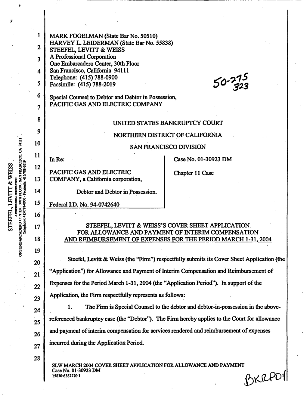 Steefel, Levitt & Weiss's Cover Sheet Application for Allowance And