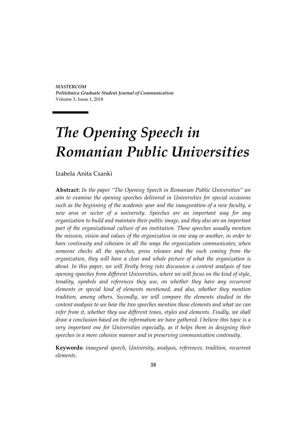 The Opening Speech in Romanian Public Universities