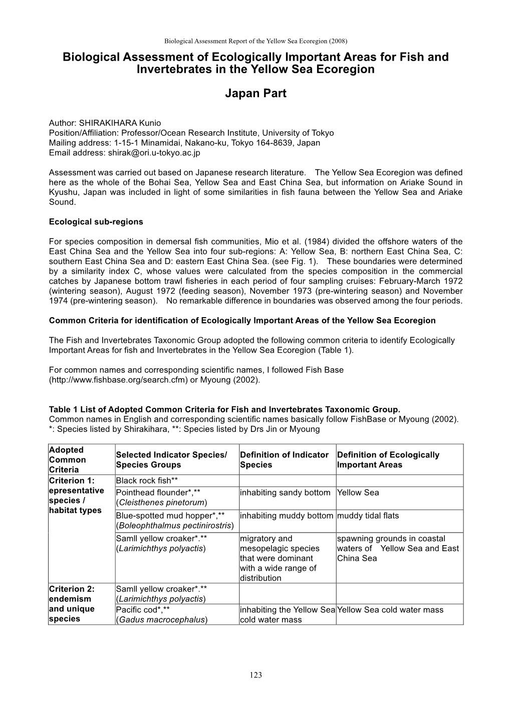 Biological Assessment of Ecologically Important Areas for Fish and Invertebrates in the Yellow Sea Ecoregion