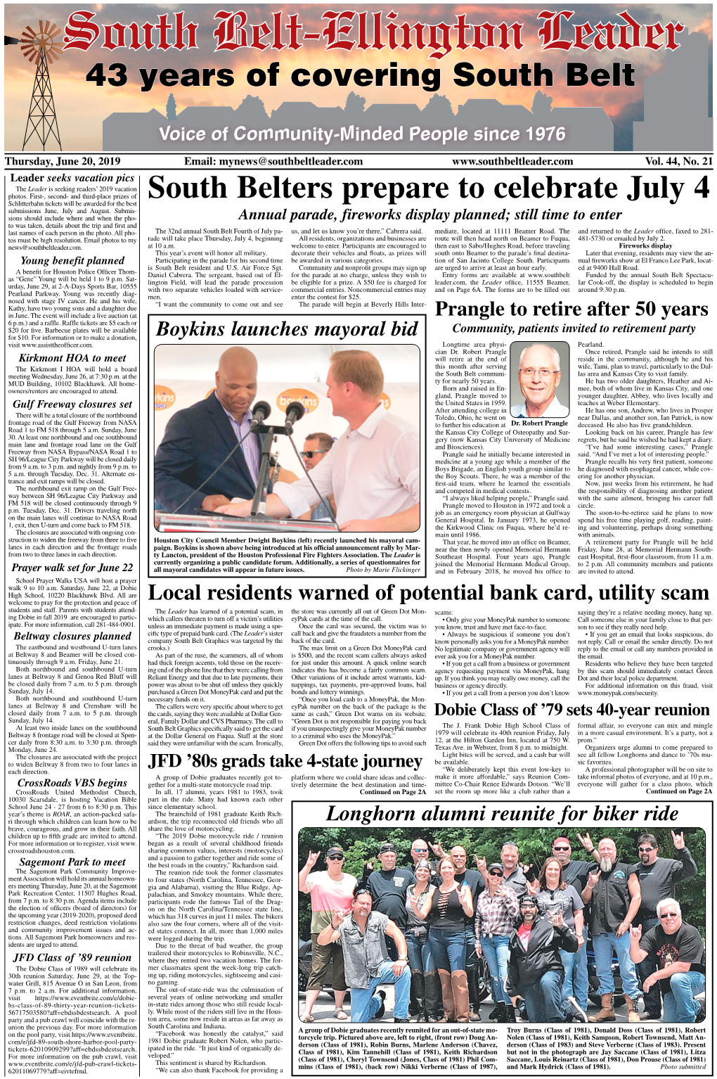 Thursday, June 20, 2019 Email: Mynews@Southbeltleader.Com Vol