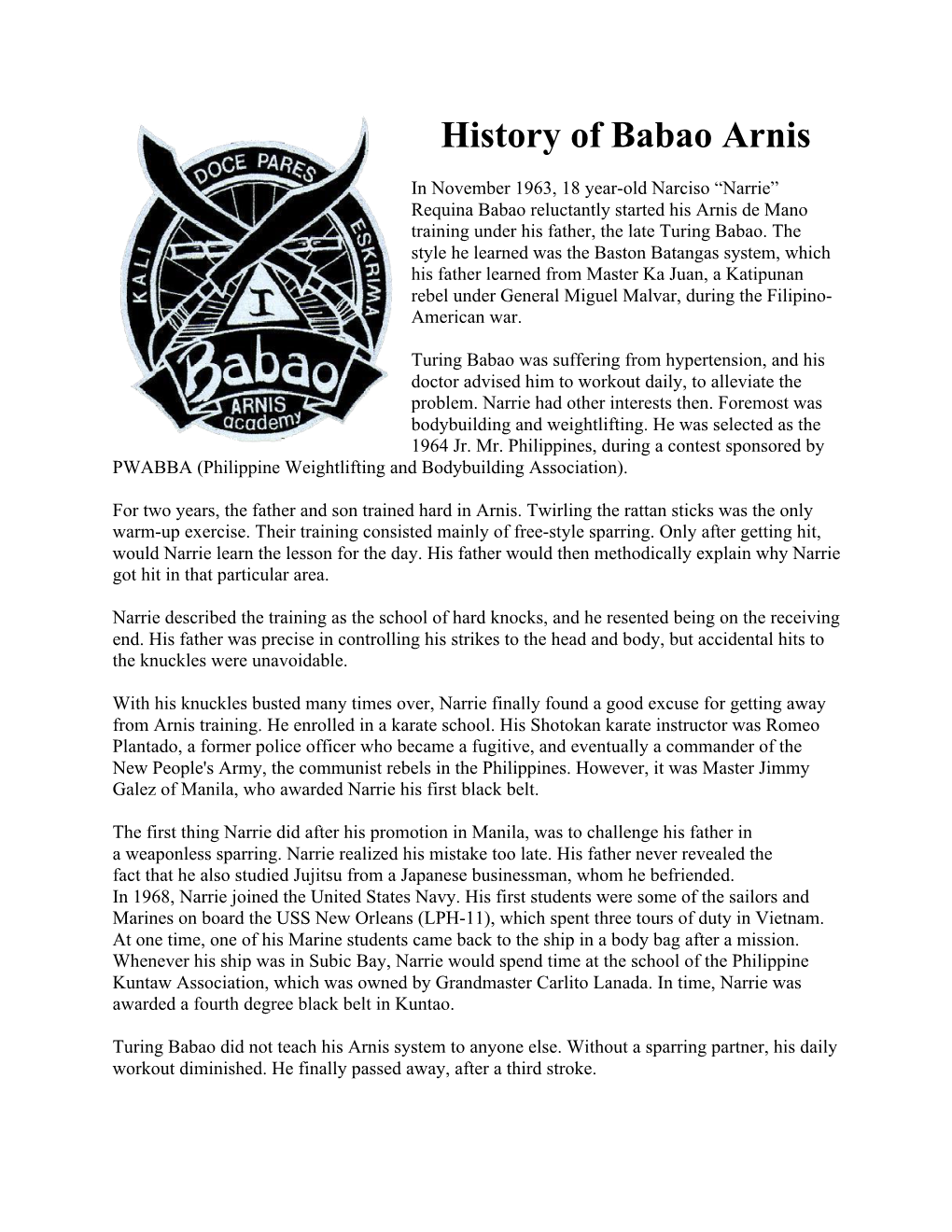 History of Babao Arnis