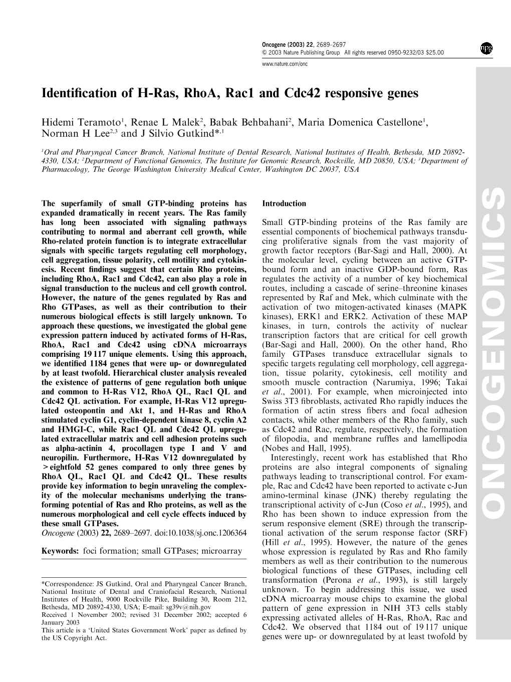 Identification of H-Ras, Rhoa, Rac1 and Cdc42 Responsive Genes