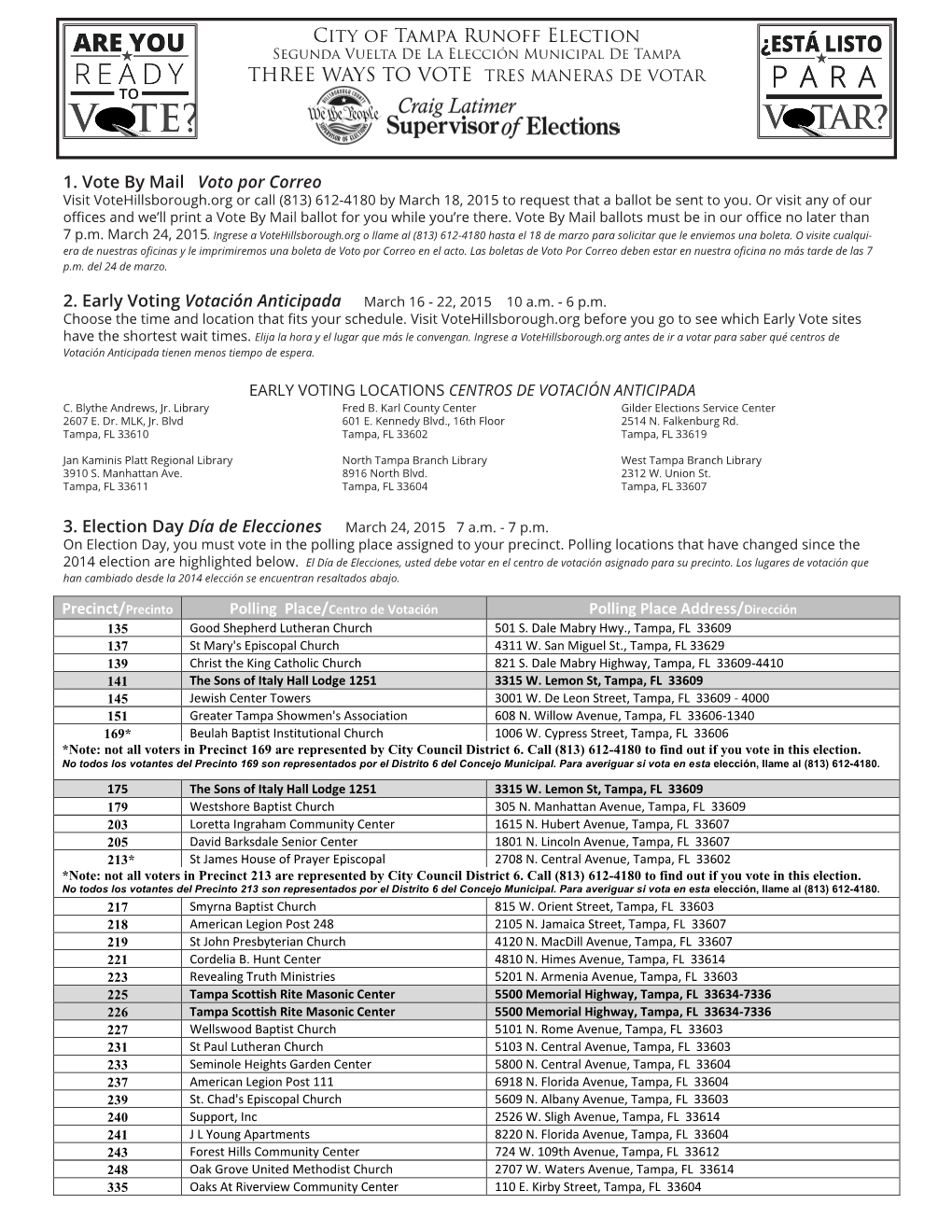 City of Tampa Runoff Election Segunda Vuelta De La Elección Municipal De Tampa THREE WAYS to VOTE TRES MANERAS DE VOTAR