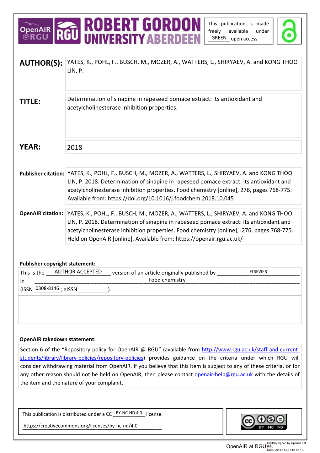 YATES 2018 Determination of Sinapine.Pdf