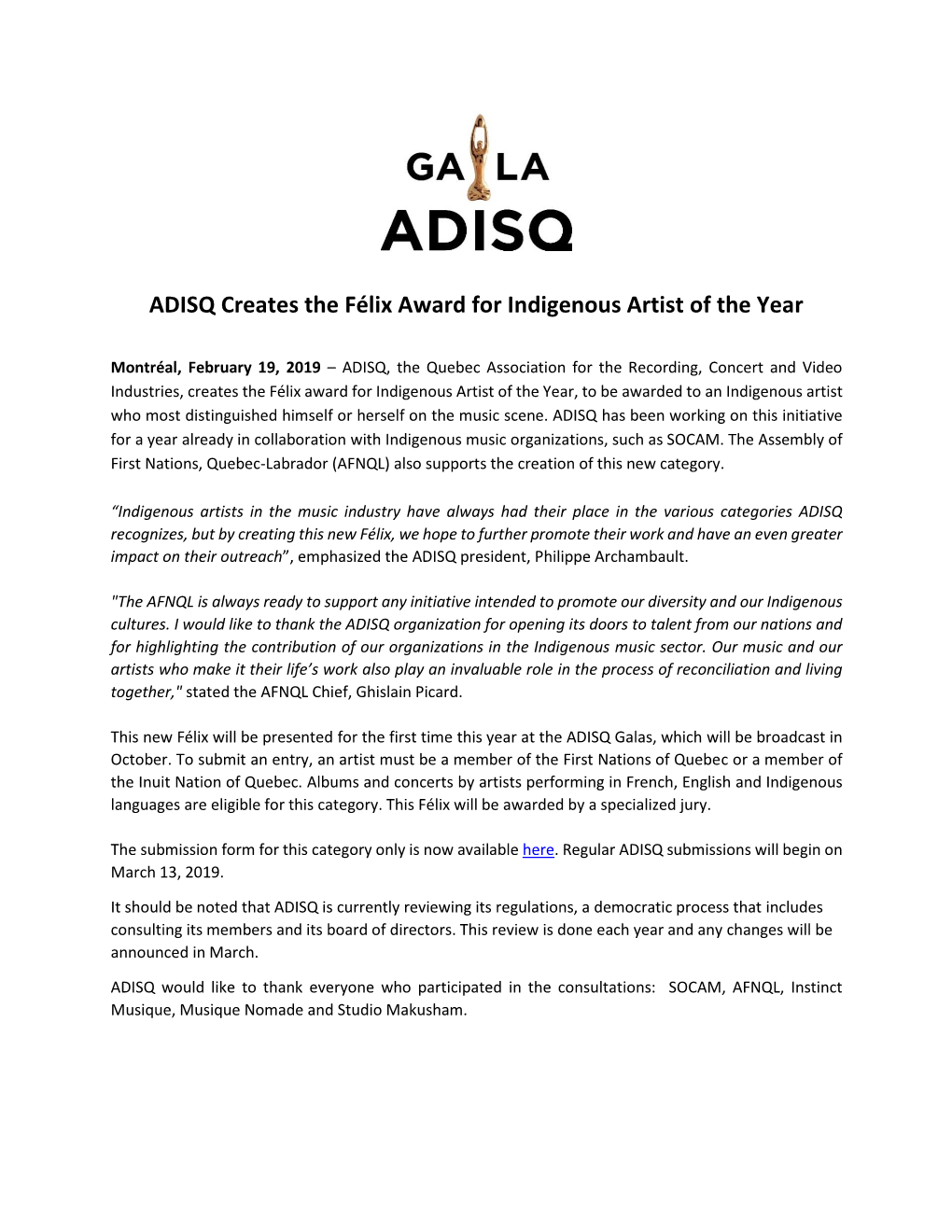 ADISQ Creates the Félix Award for Indigenous Artist of the Year