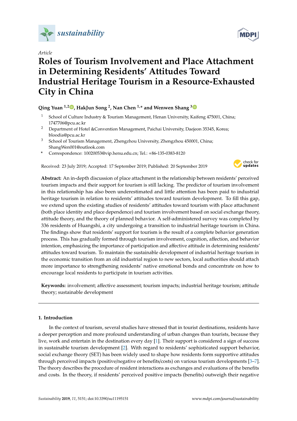 Roles of Tourism Involvement and Place Attachment in Determining Residents’ Attitudes Toward Industrial Heritage Tourism in a Resource-Exhausted City in China