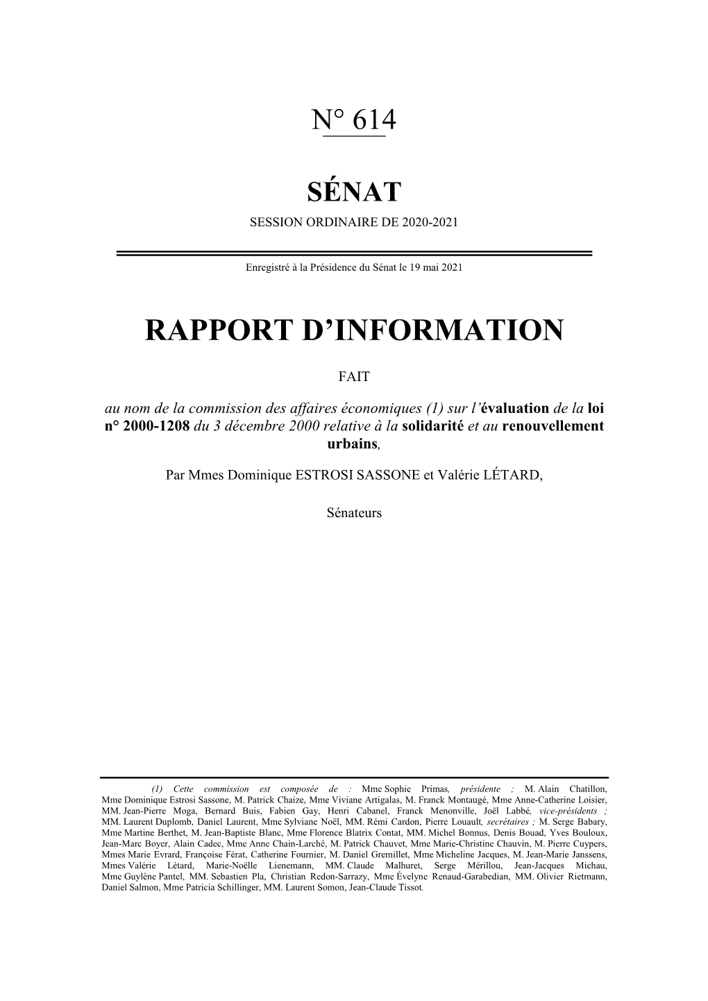 Rapport D'évaluation De La Loi SRU, Vingt Ans Après Son Adoption