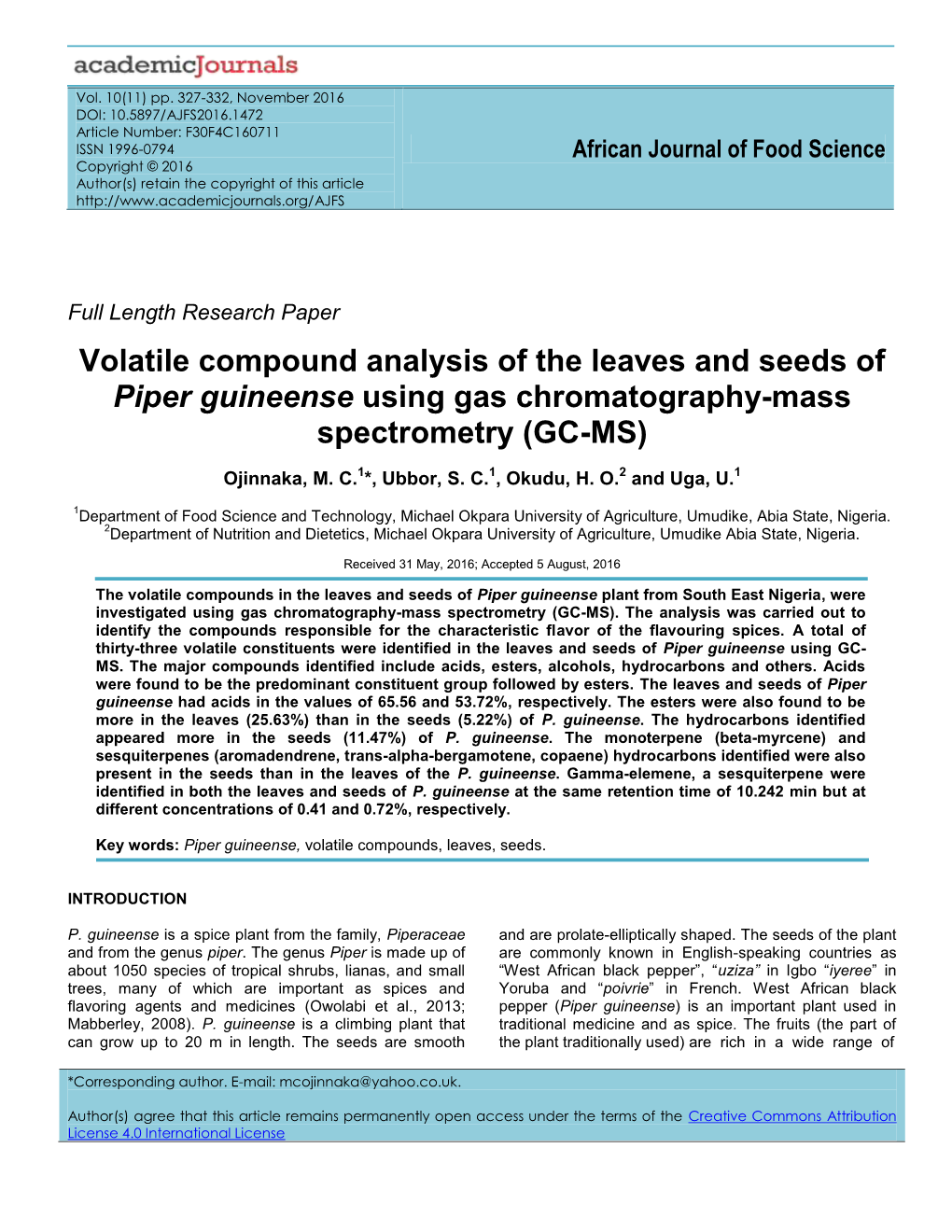Volatile Compound Analysis of the Leaves and Seeds of Piper Guineense Using Gas Chromatography-Mass Spectrometry (GC-MS)