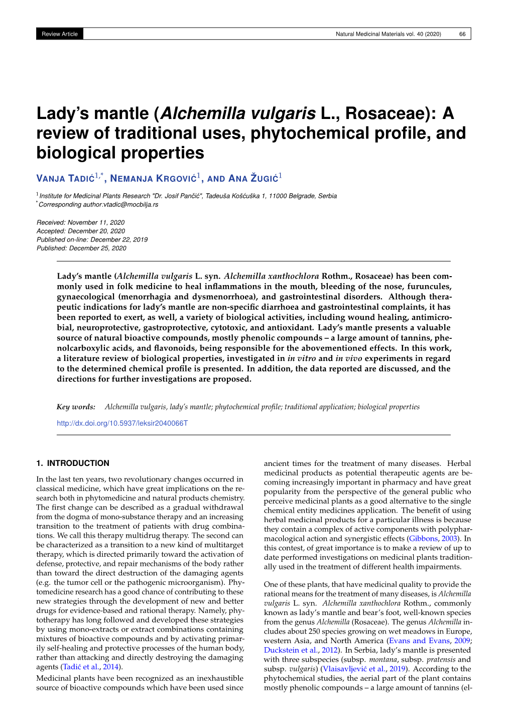 Lady's Mantle (Alchemilla Vulgaris L., Rosaceae): a Review of Traditional