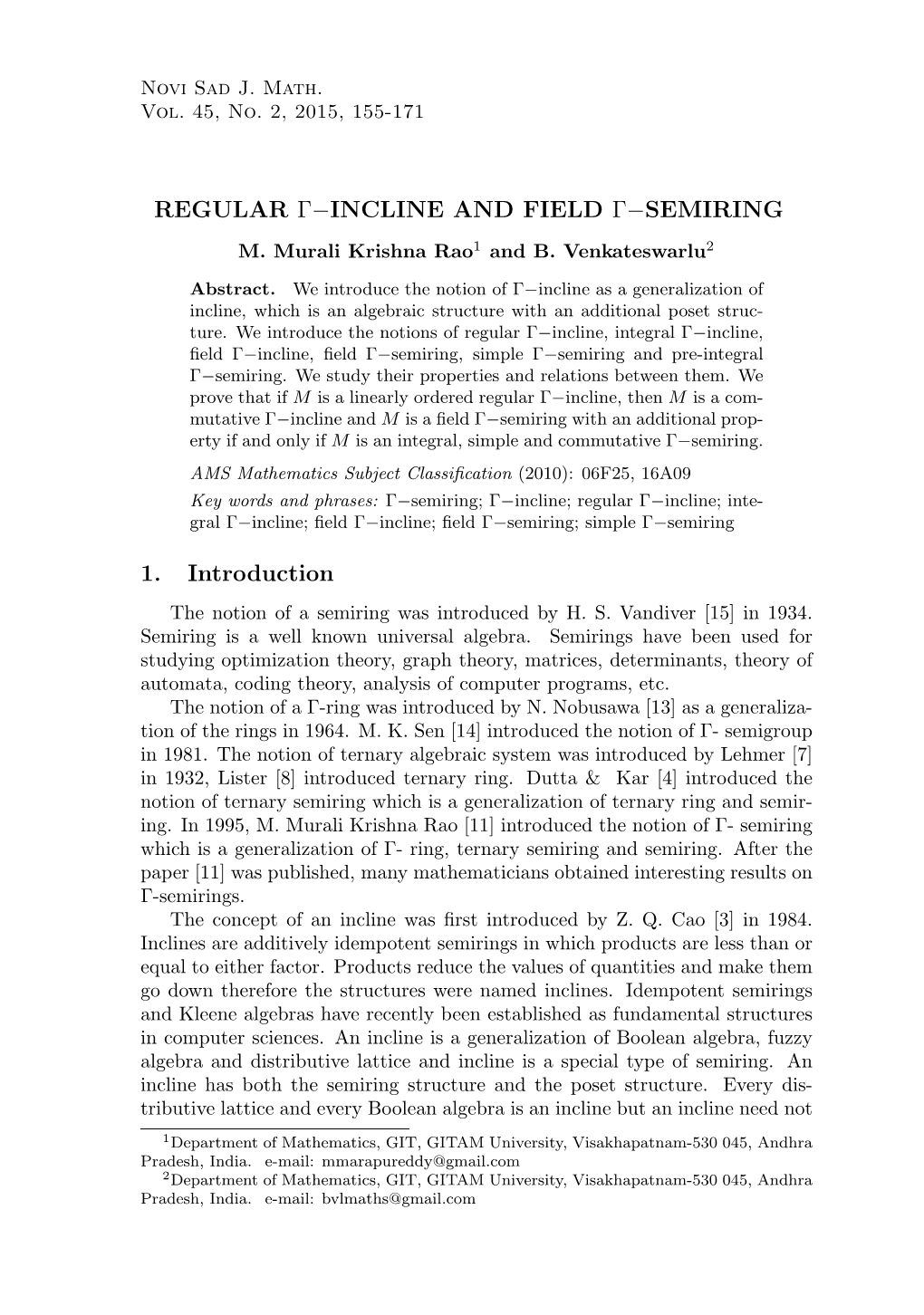 REGULAR Γ−INCLINE and FIELD Γ−SEMIRING 1. Introduction