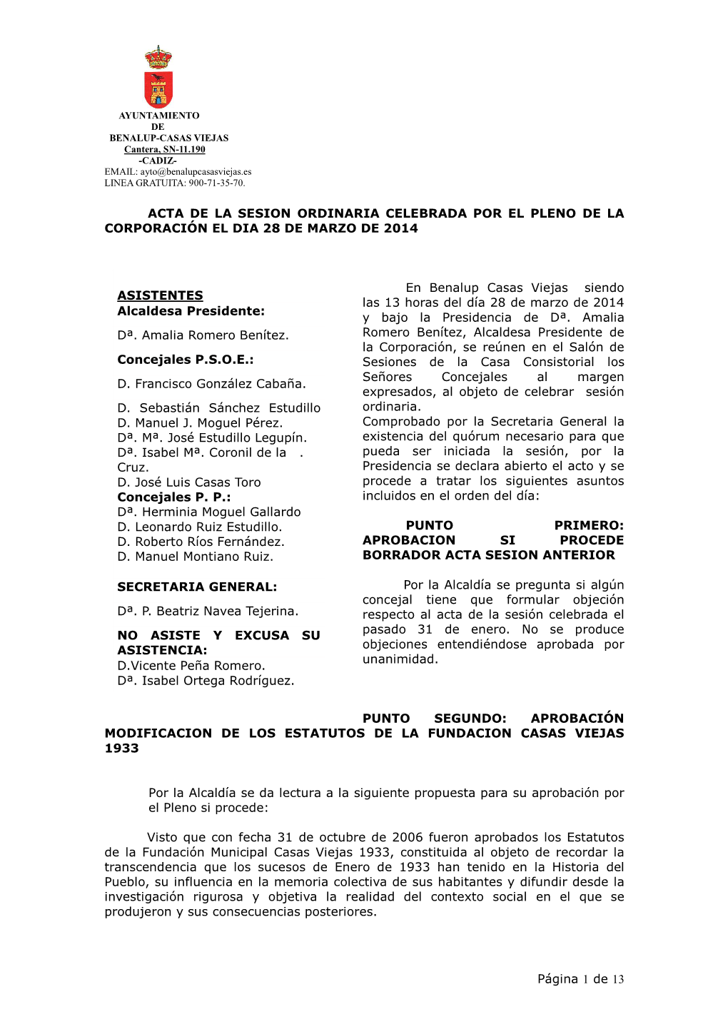 Página 1 De 13 ACTA DE LA SESION ORDINARIA CELEBRADA POR EL