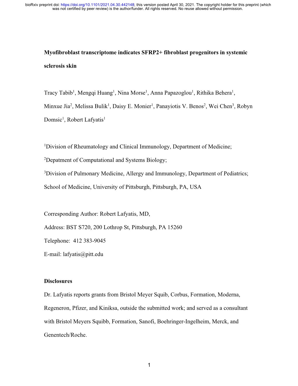 Myofibroblast Transcriptome Indicates SFRP2+ Fibroblast Progenitors in Systemic