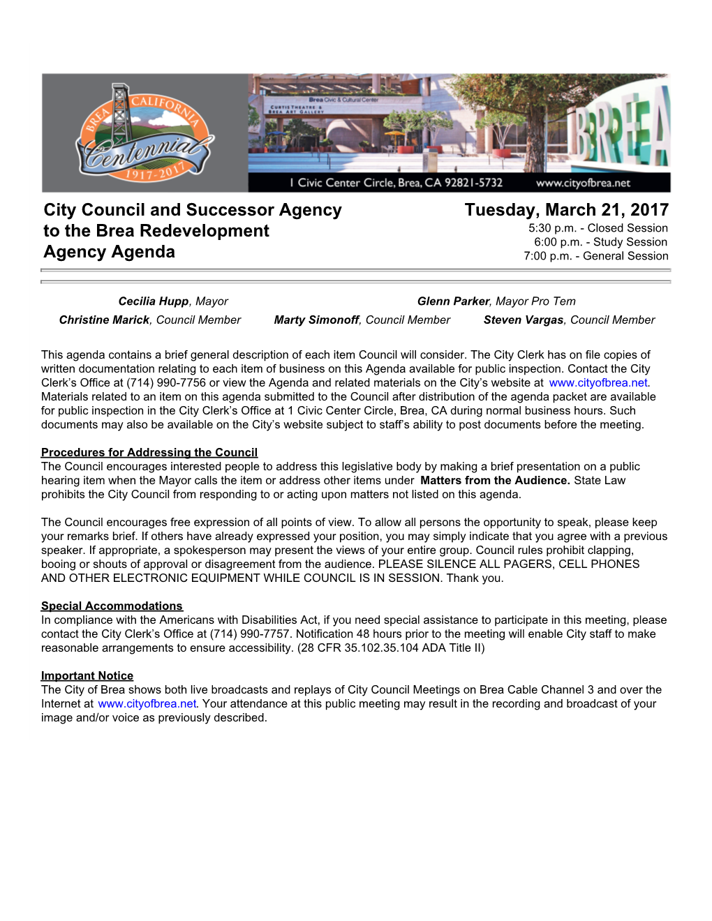 City Council and Successor Agency to the Brea Redevelopment Agency Agenda Tuesday, March 21, 2017