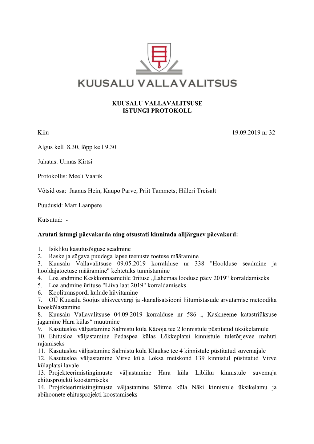 KUUSALU VALLAVALITSUSE ISTUNGI PROTOKOLL Kiiu 19.09