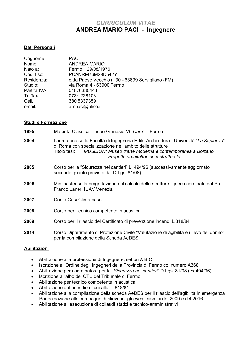 CURRICULUM VITAE ANDREA MARIO PACI - Ingegnere