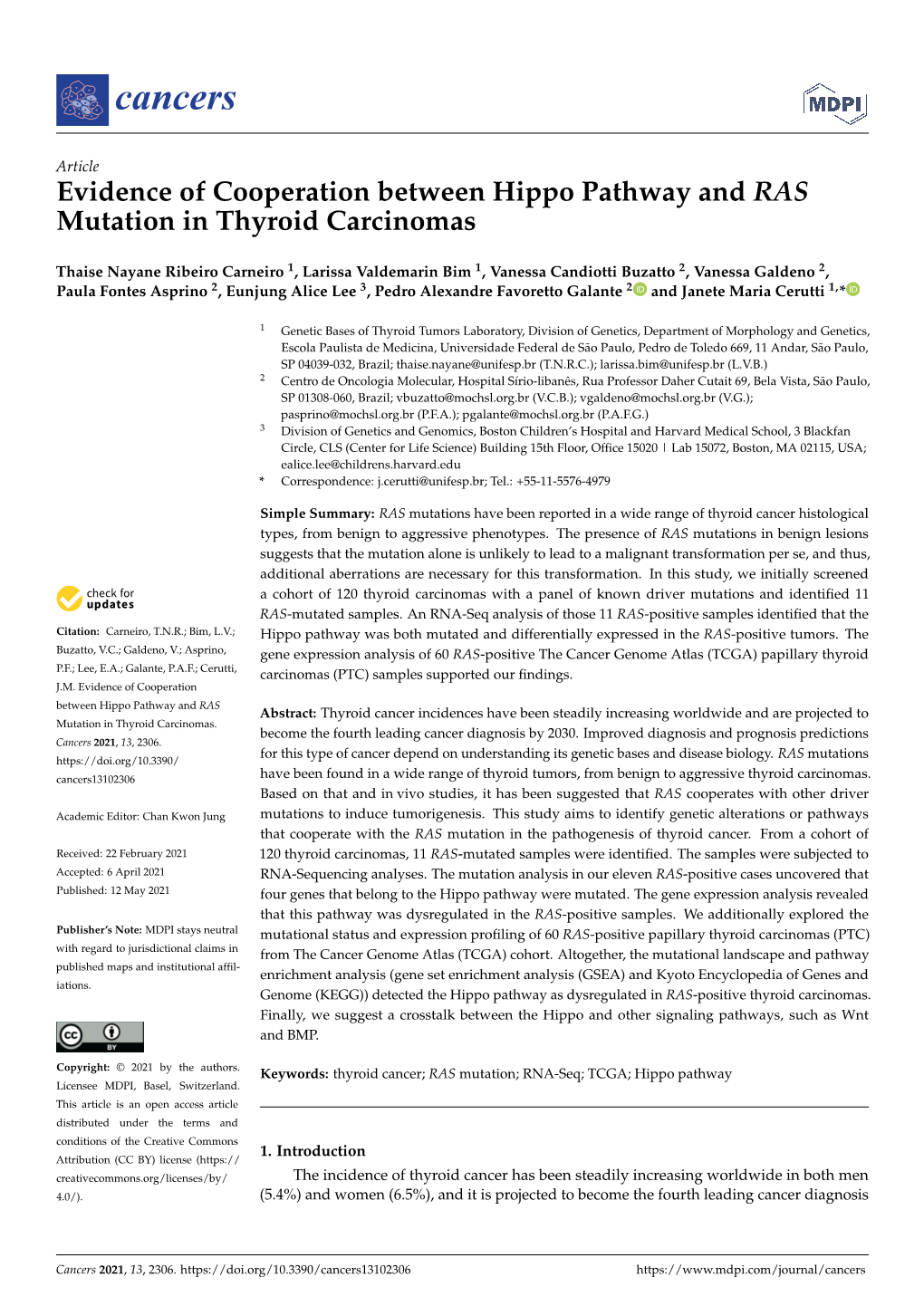 Evidence of Cooperation Between Hippo Pathway and RAS Mutation in Thyroid Carcinomas