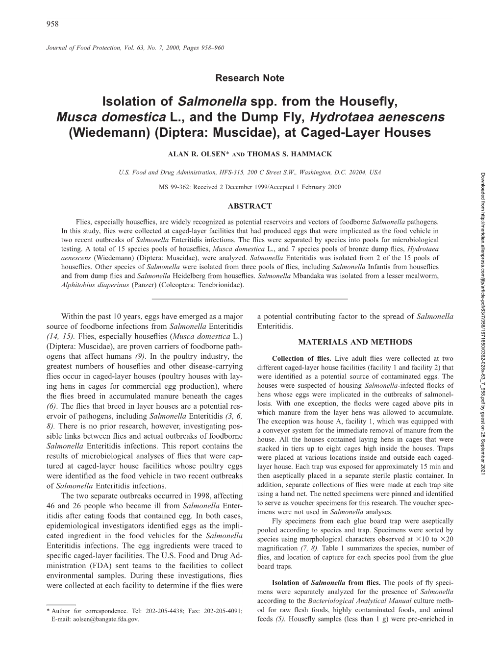 Isolation of &lt;I&gt;Salmonella&lt;/I&gt; Spp. from the Housefly, &lt;I&gt;Musca