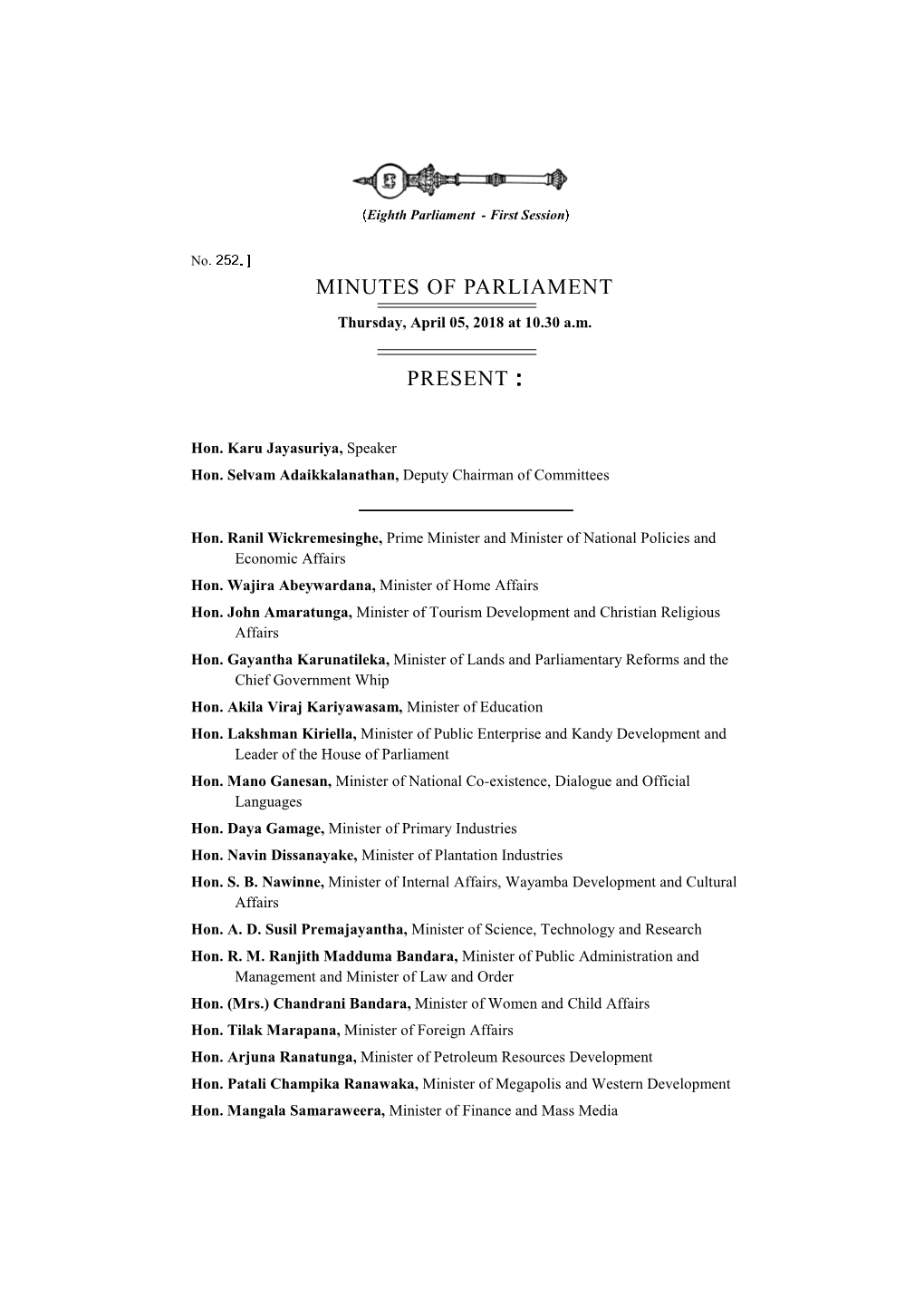 Minutes of Parliament for 05.04.2018