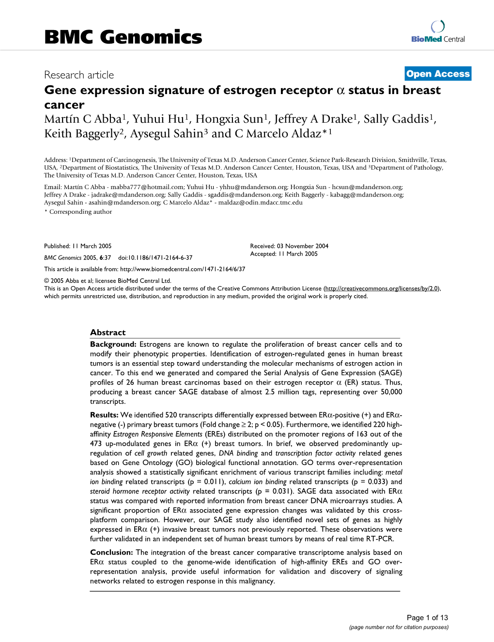 Gene Expression Signature of Estrogen Receptor Α Status in Breast