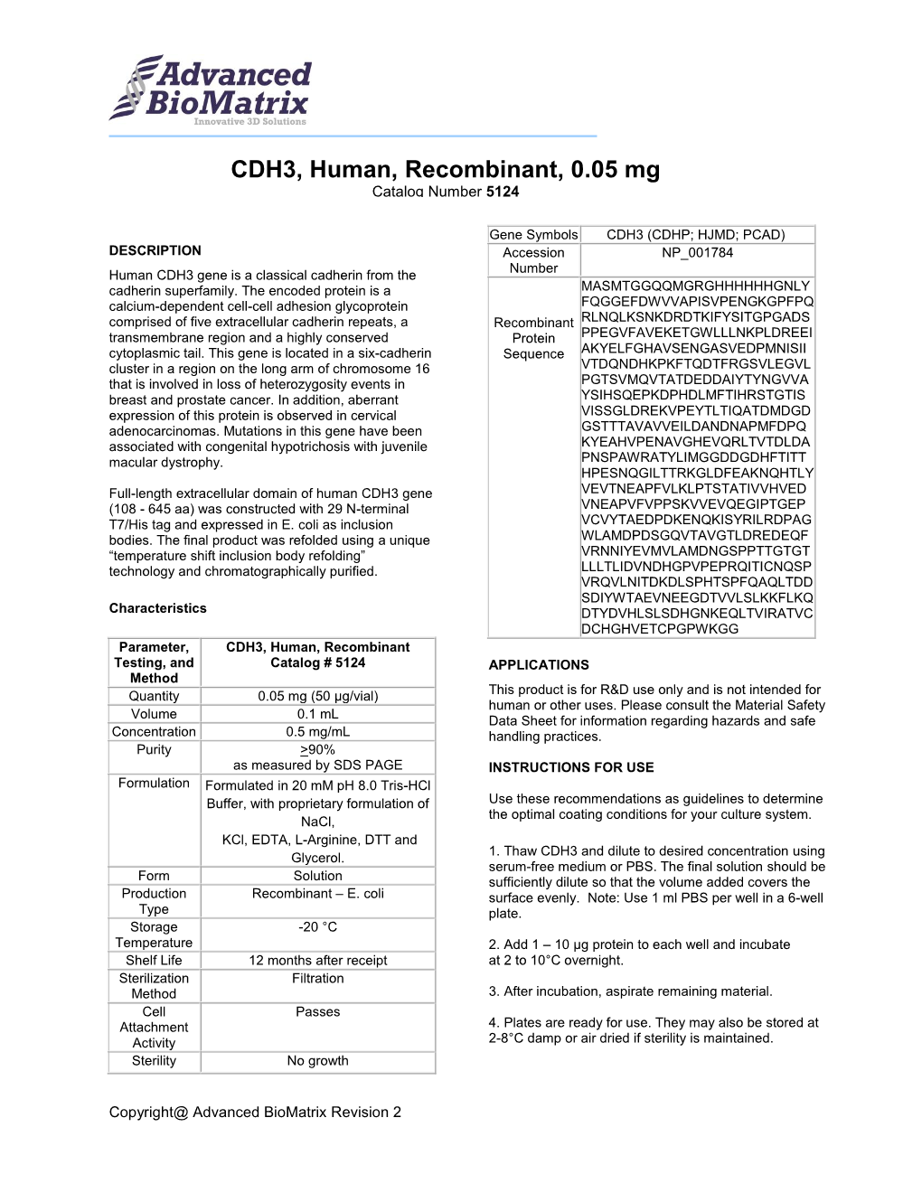 CDH3, Human, Recombinant, 0.05 Mg Catalog Number 5124