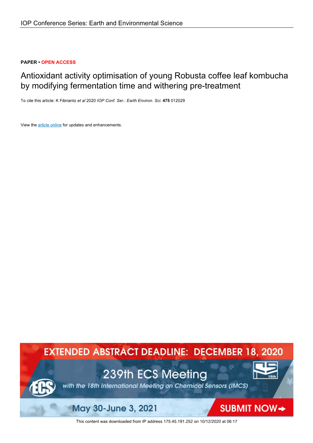 Antioxidant Activity Optimisation of Young Robusta Coffee Leaf Kombucha by Modifying Fermentation Time and Withering Pre-Treatment