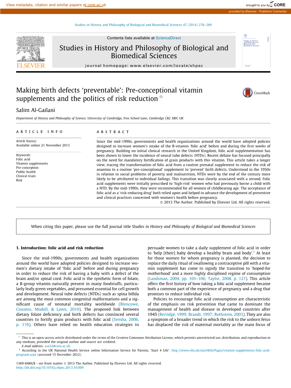 Pre-Conceptional Vitamin Supplements and the Politics of Risk Reduction Q