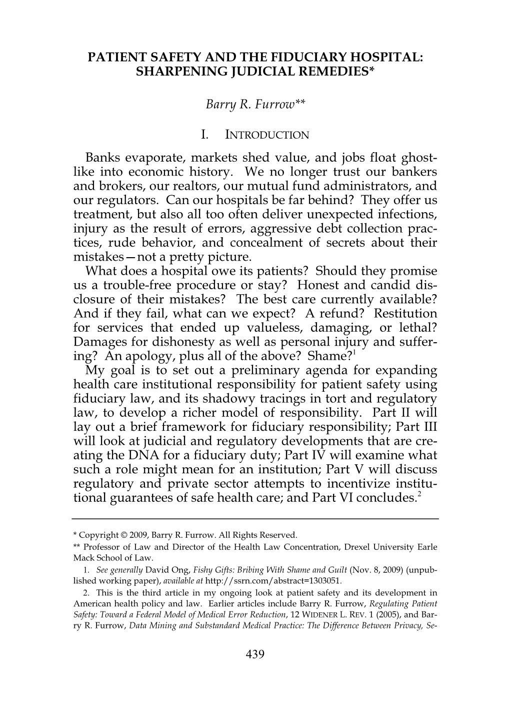 Patient Safety and the Fiduciary Hospital: Sharpening Judicial Remedies*