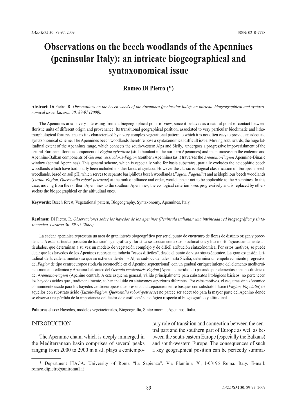 Observations on the Beech Woodlands of the Apennines (Peninsular Italy): an Intricate Biogeographical and Syntaxonomical Issue