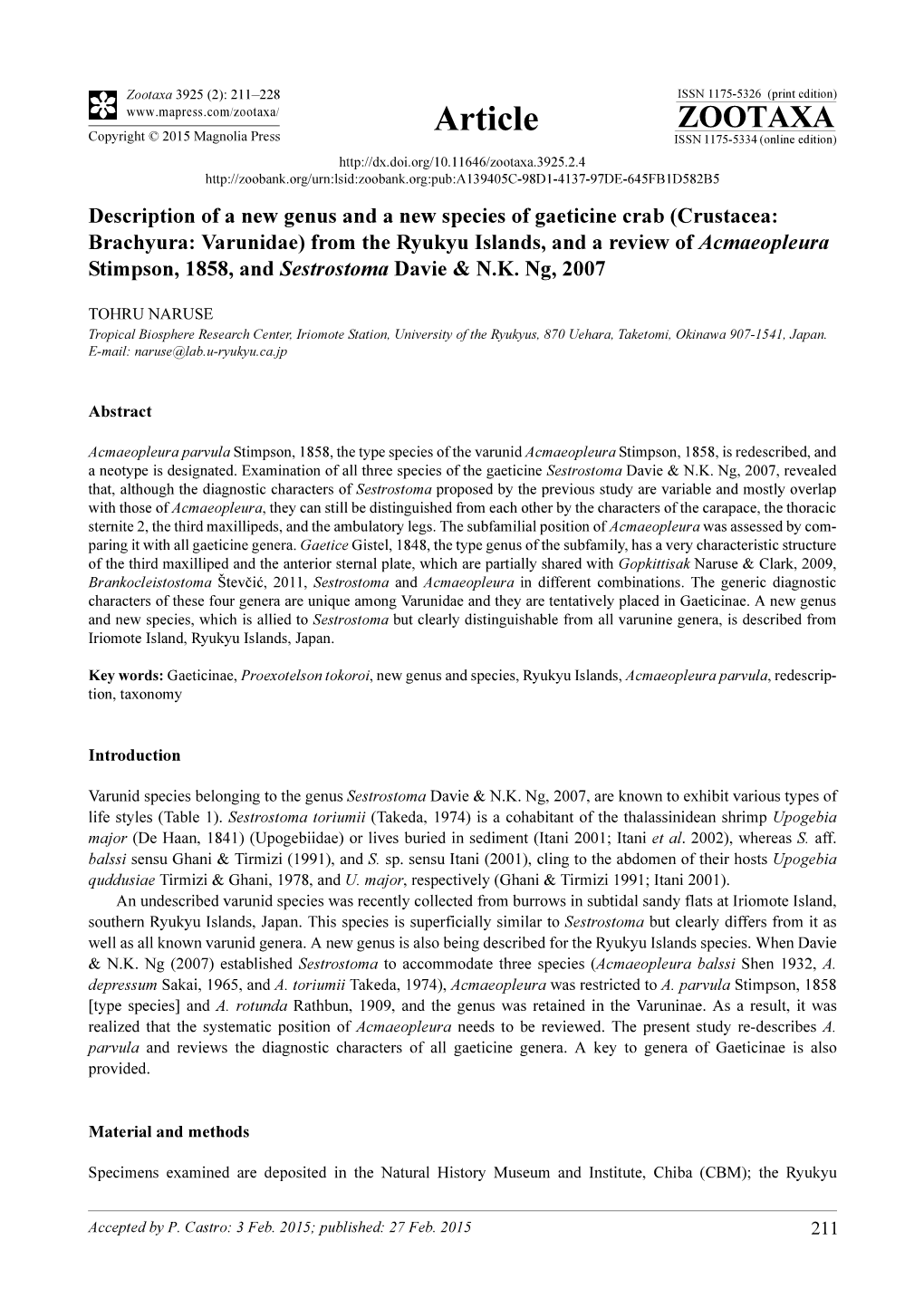 (Crustacea: Brachyura: Varunidae) from the Ryukyu Islands, and a Review of Acmaeopleura Stimpson, 1858, and Sestrostoma Davie & N.K