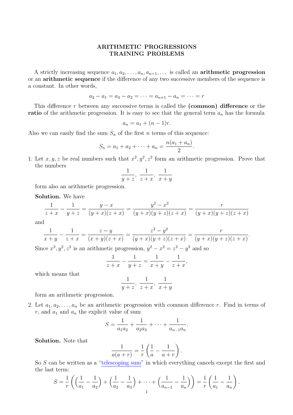 ARITHMETIC PROGRESSIONS TRAINING PROBLEMS a Strictly