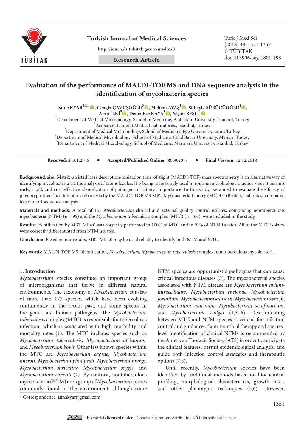 Evaluation of the Performance of MALDI-TOF MS and DNA Sequence Analysis in the Identification of Mycobacteria Species