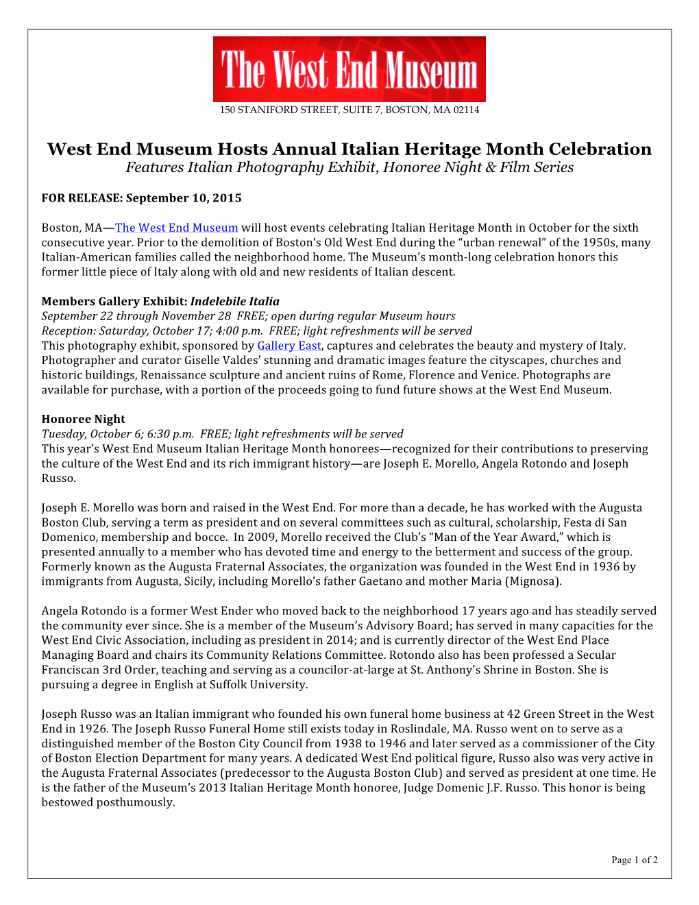 West End Museum Hosts Annual Italian Heritage Month Celebration Features Italian Photography Exhibit, Honoree Night & Film Series