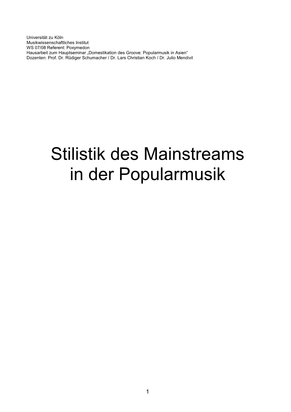 Stilistik Des Mainstreams in Der Popularmusik