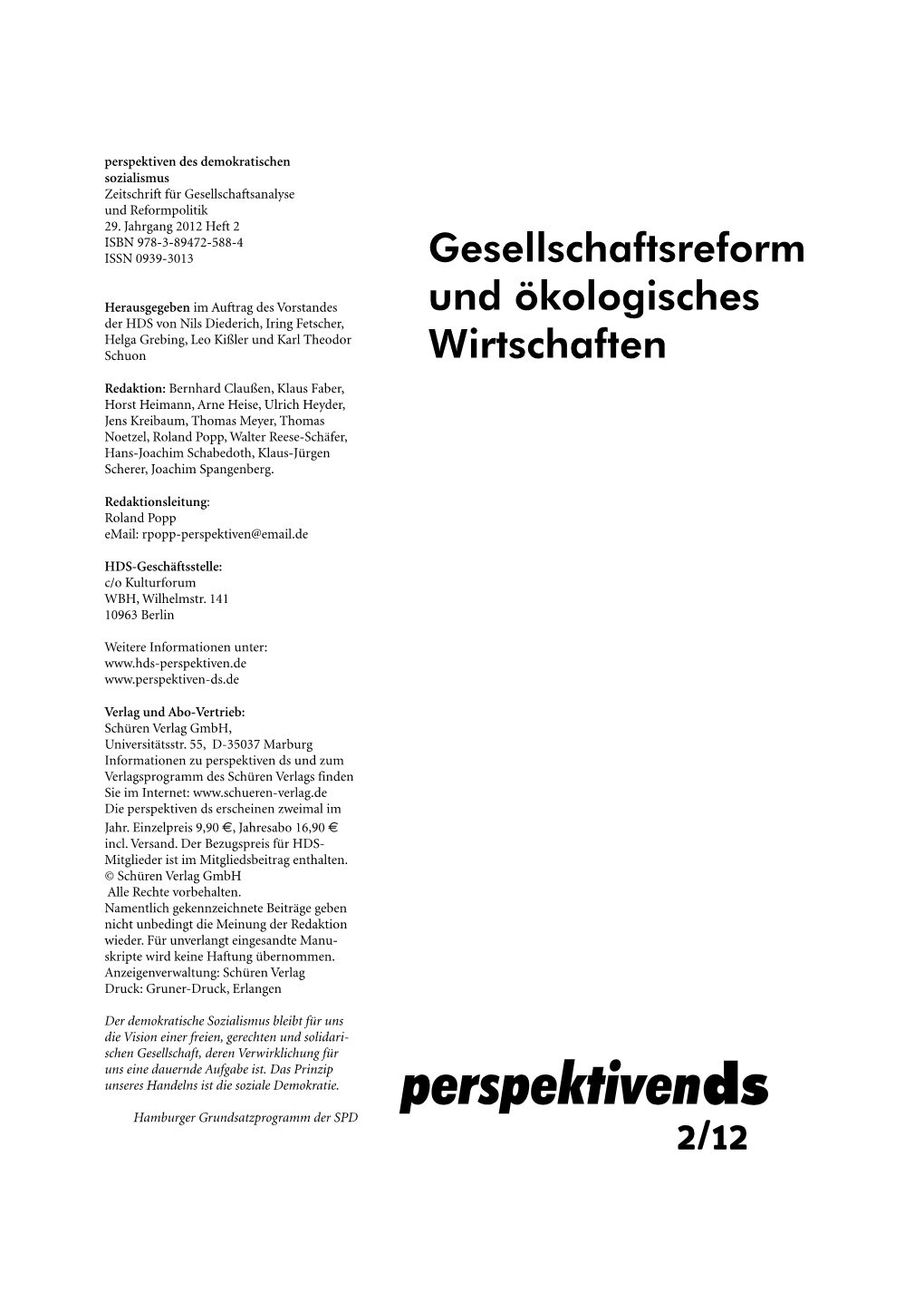 Perspektivends Hamburger Grundsatzprogramm Der SPD 2/12 Inhalt Eckart Kuhlwein Die SPD Und Die Nachhaltigkeit 101