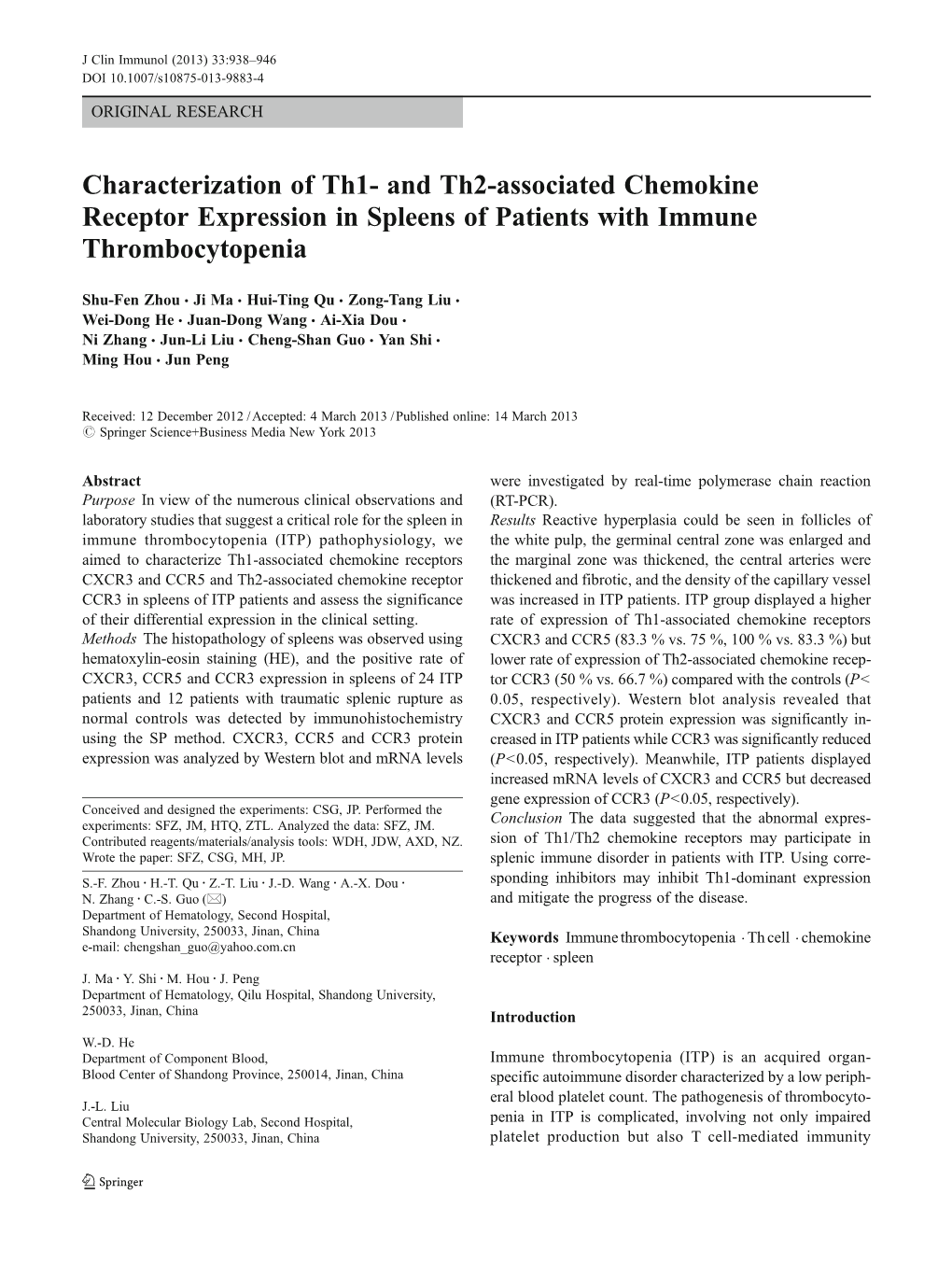 And Th2-Associated Chemokine Receptor Expression in Spleens of Patients with Immune Thrombocytopenia