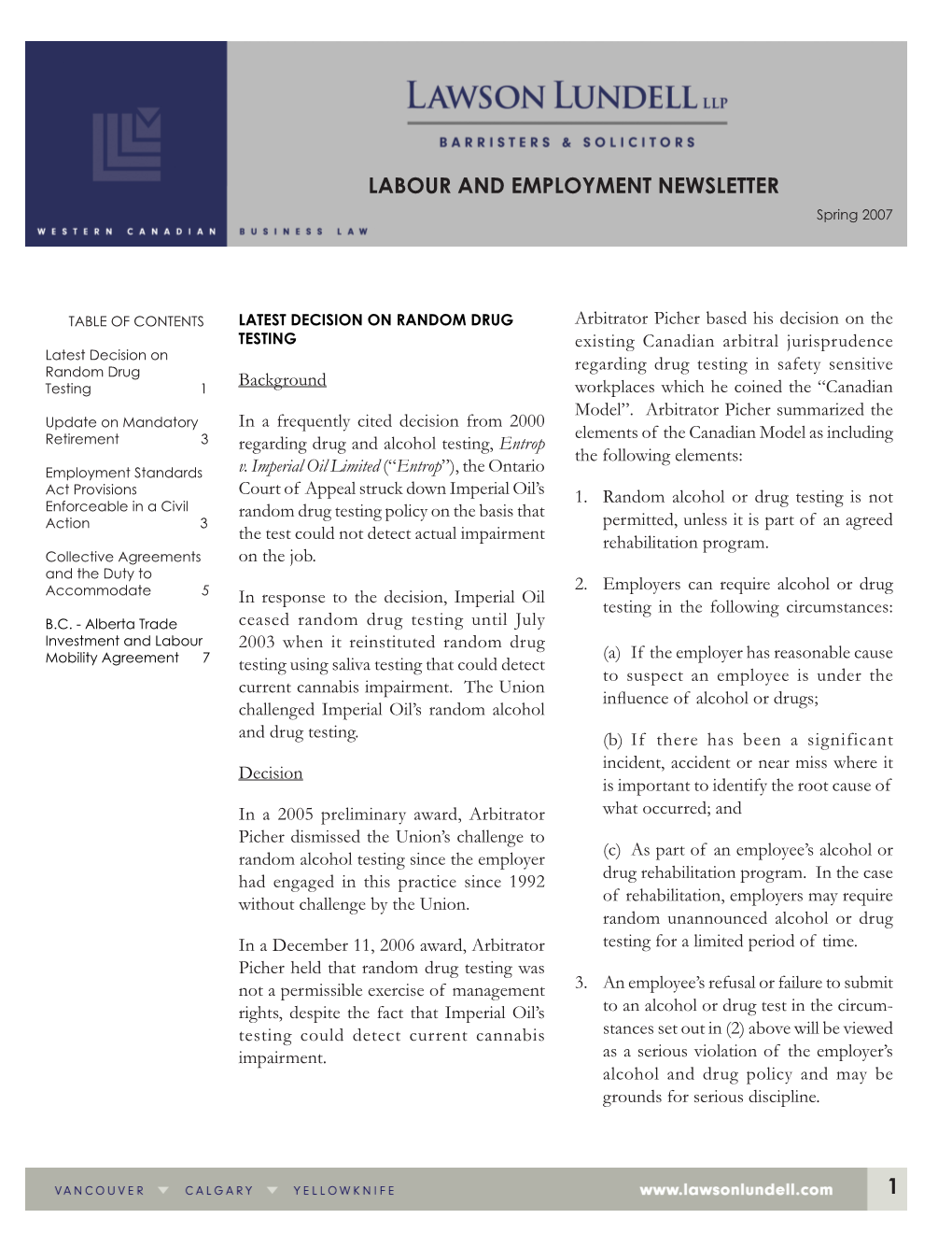 LABOUR and EMPLOYMENT NEWSLETTER Spring 2007