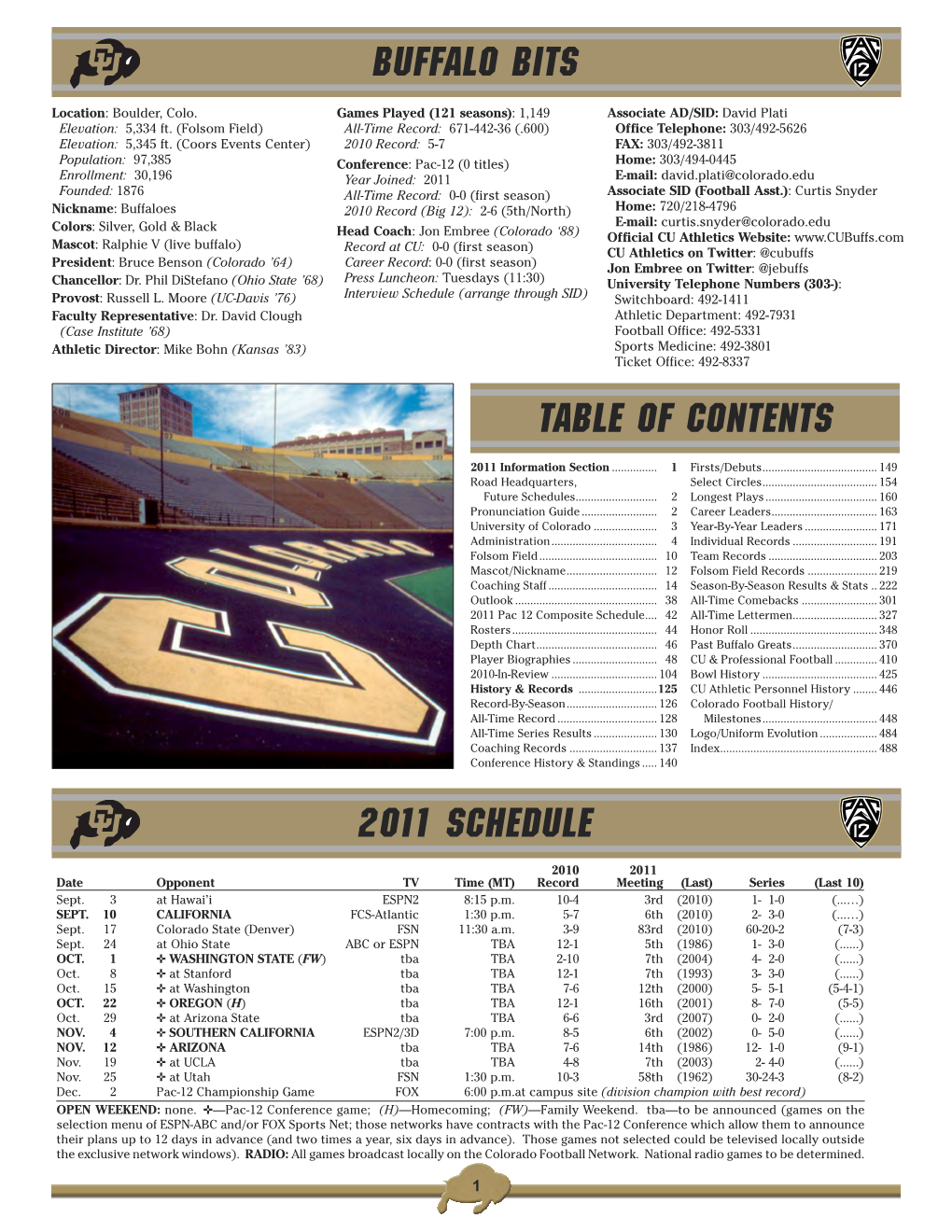 Buffalo Bits 2011 Schedule Table of Contents