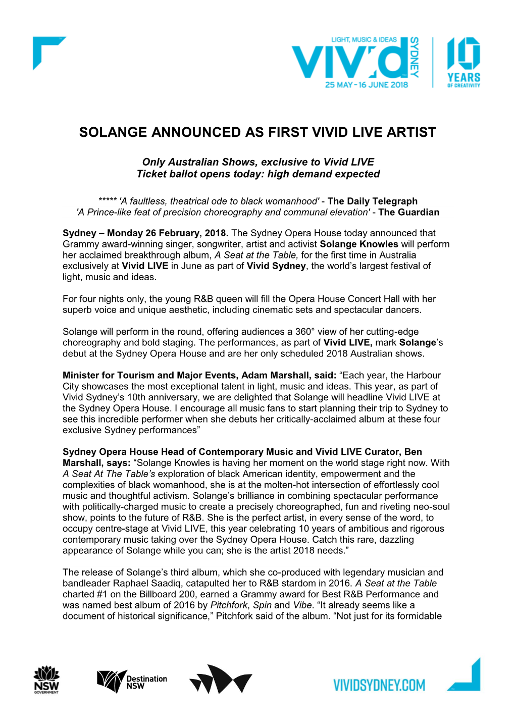 Solange Announced As First Vivid Live Artist