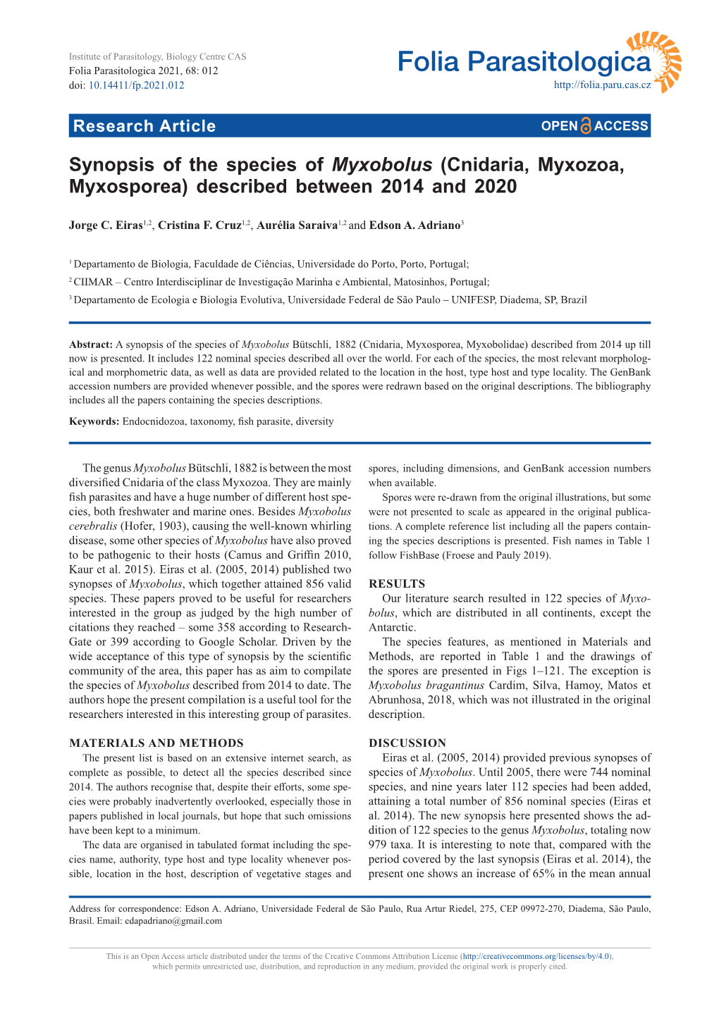 Synopsis of the Species of Myxobolus (Cnidaria, Myxozoa, Myxosporea) Described Between 2014 and 2020