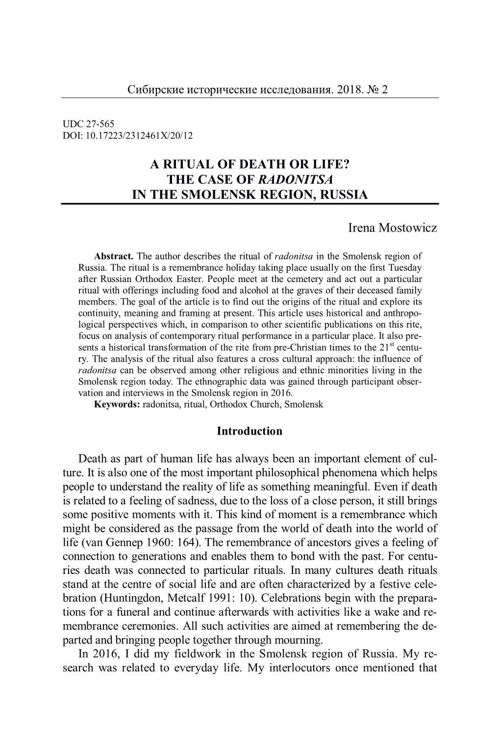 A Ritual of Death Or Life? the Case of Radonitsa in the Smolensk Region, Russia