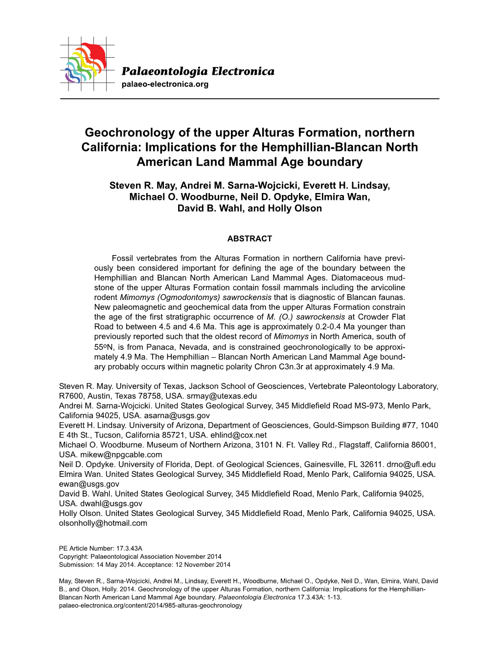 Geochronology of the Upper Alturas Formation, Northern California: Implications for the Hemphillian-Blancan North American Land Mammal Age Boundary