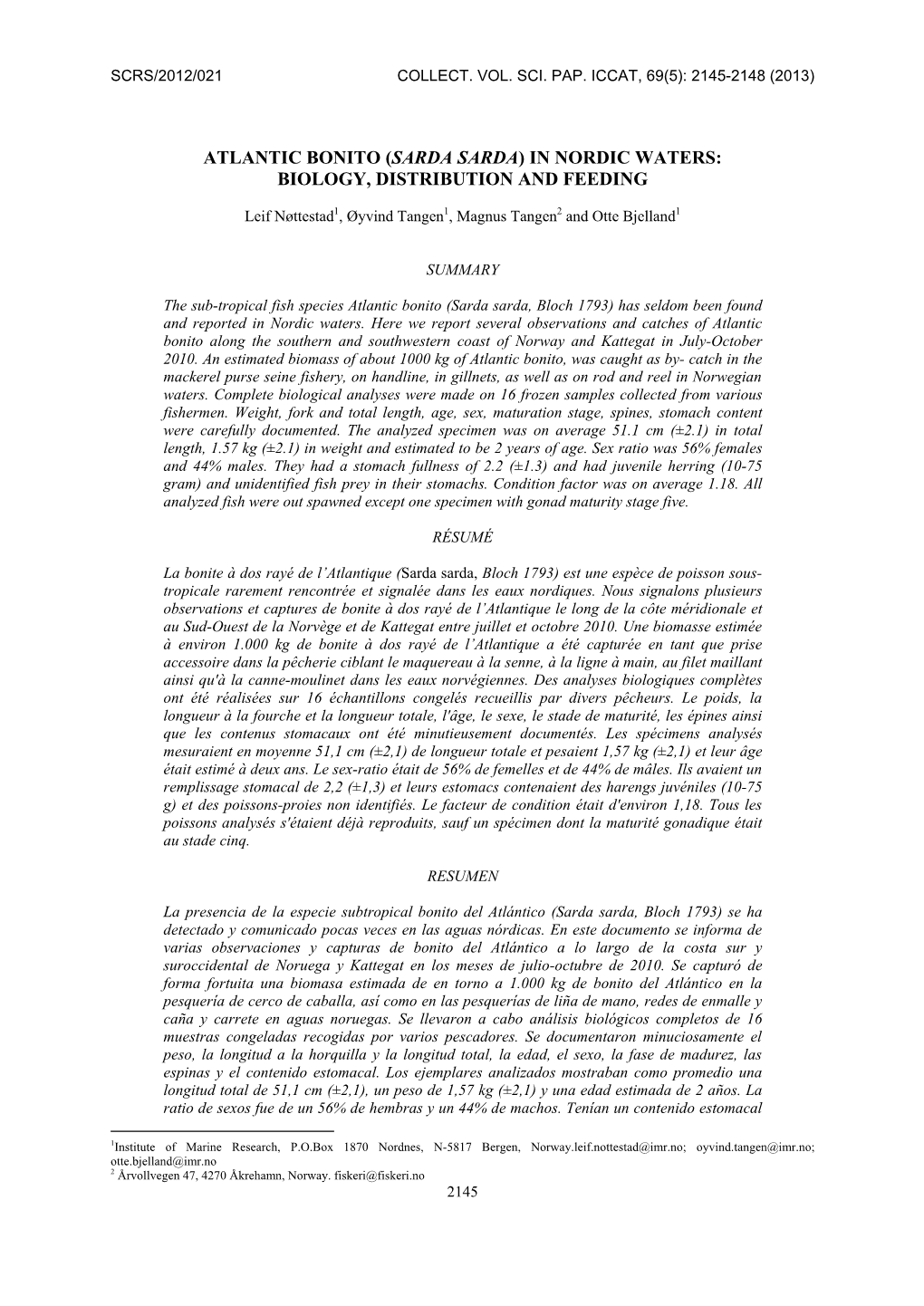 Atlantic Bonito (Sarda Sarda) in Nordic Waters: Biology, Distribution and Feeding