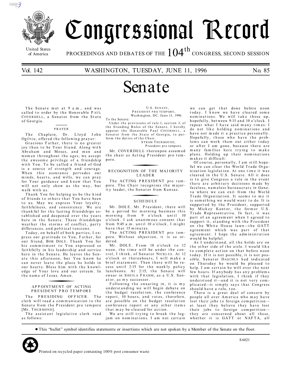 Congressional Record United States Th of America PROCEEDINGS and DEBATES of the 104 CONGRESS, SECOND SESSION