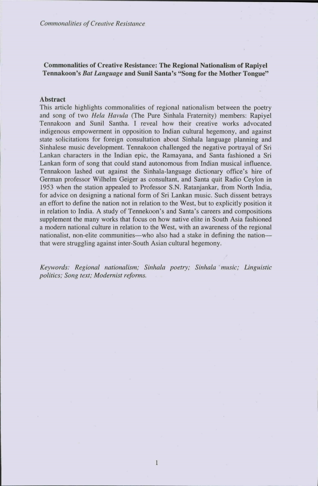 The Regional Nationalism of Rapiyel Tennakoon's Bat Language and Sunil Santa's "Song for the Mother Tongue"