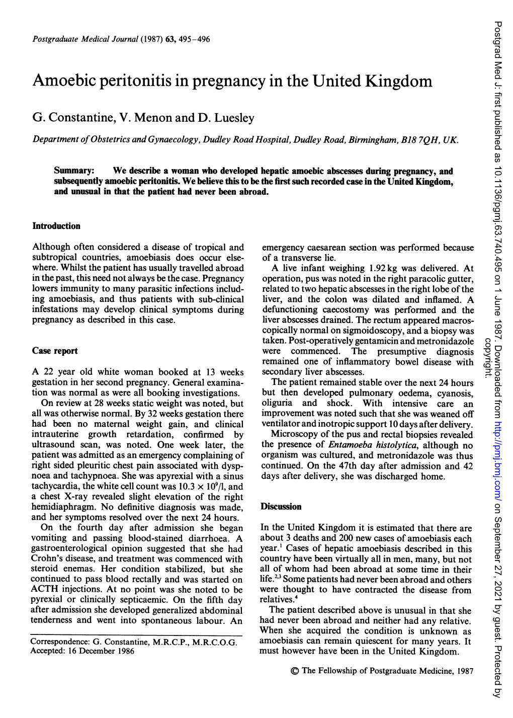 Amoebic Peritonitis in Pregnancy in the United Kingdom