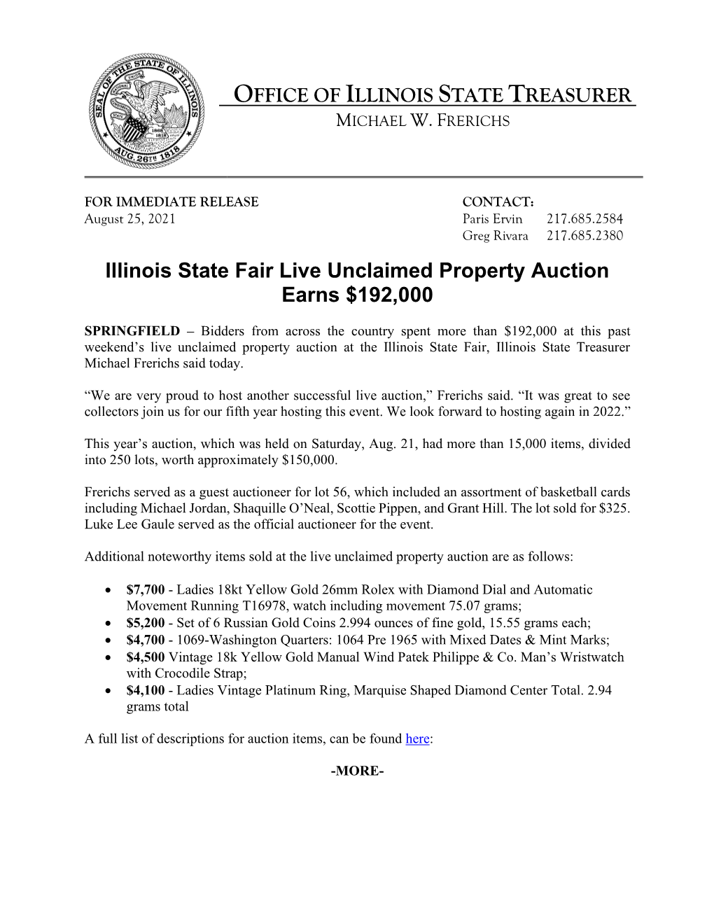 Illinois State Fair Live Unclaimed Property Auction Earns $192,000