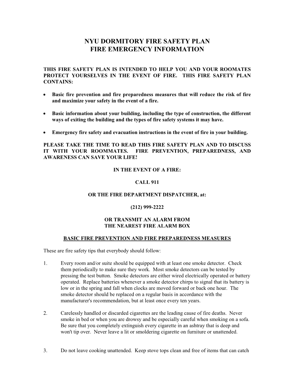 Nyu Dormitory Fire Safety Plan Fire Emergency Information