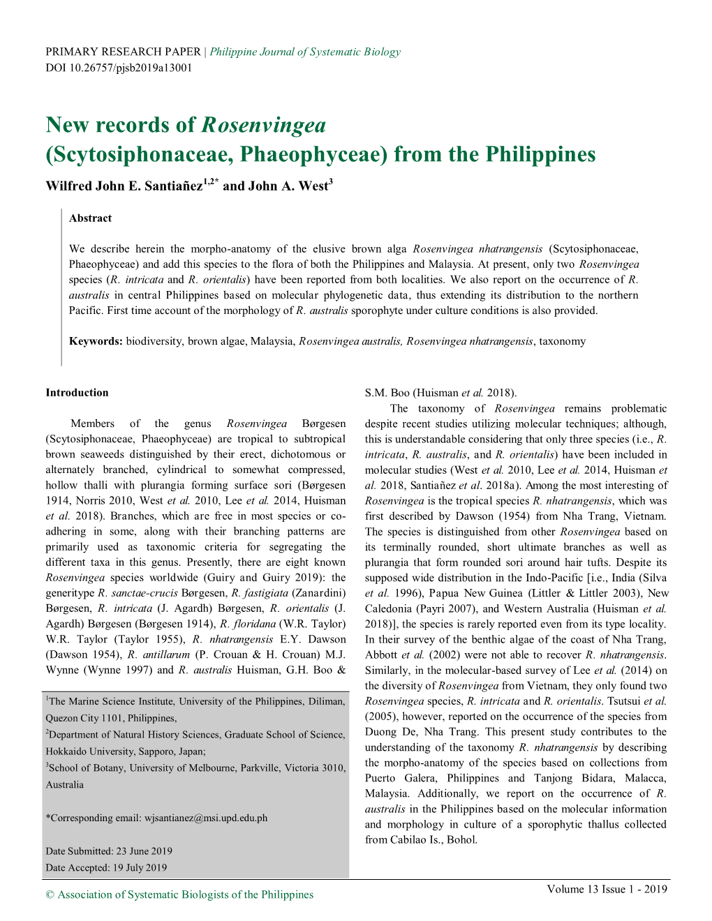 New Records of Rosenvingea (Scytosiphonaceae, Phaeophyceae) from the Philippines Wilfred John E