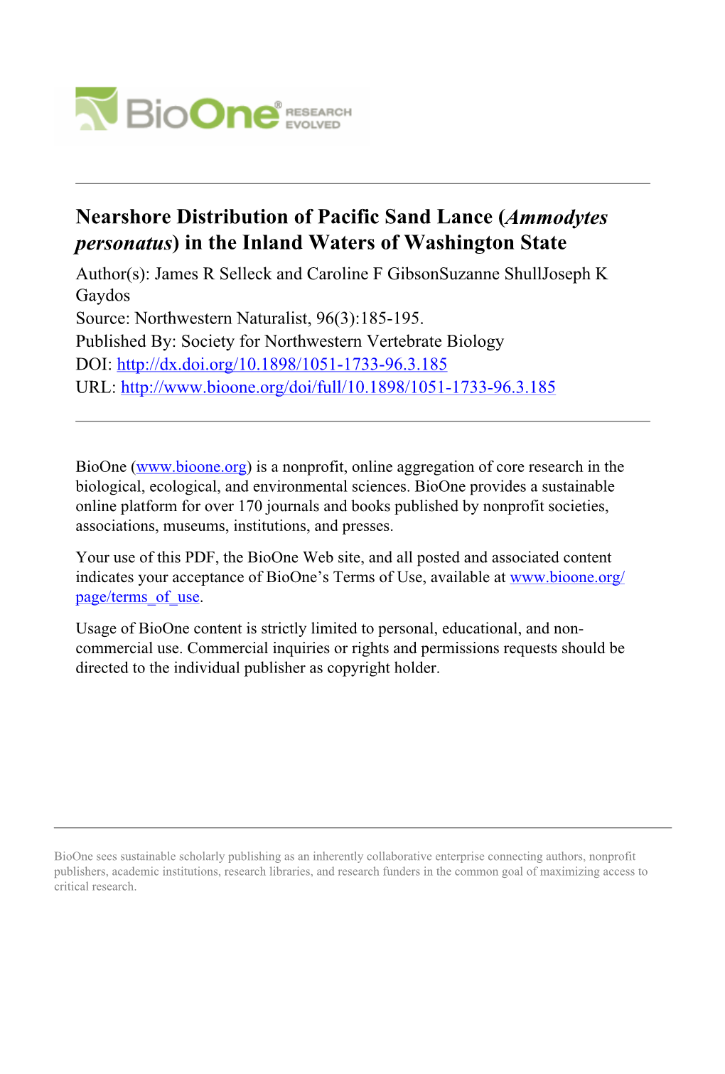 Nearshore Distribution of Pacific Sand Lance (Ammodytes Personatus)